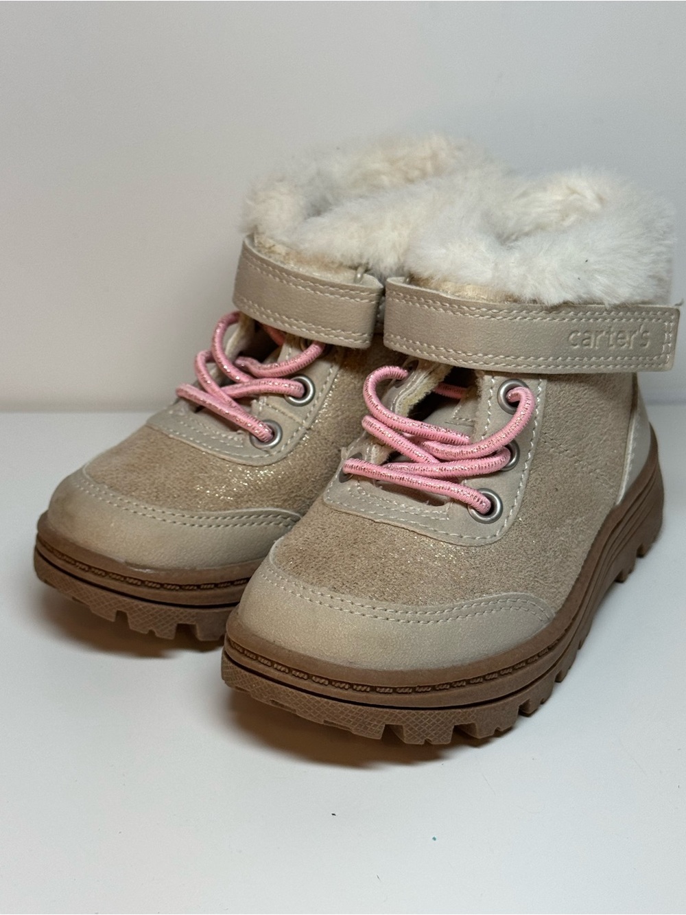 Carter's Tan Faux-Fur Lined Kids Boots with Pink Laces